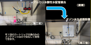 アルカリ水酸性水配管を撤去しオゾン水生成器を設置（厨房）